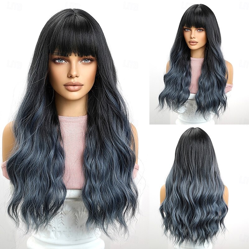 Synthetic Wig Curly Wavy Neat Bang With Bangs Machine Made Wig 26 inch Black / Smoke Blue Synthetic Hair Women's Cute Cosplay Party Blue - Main Image