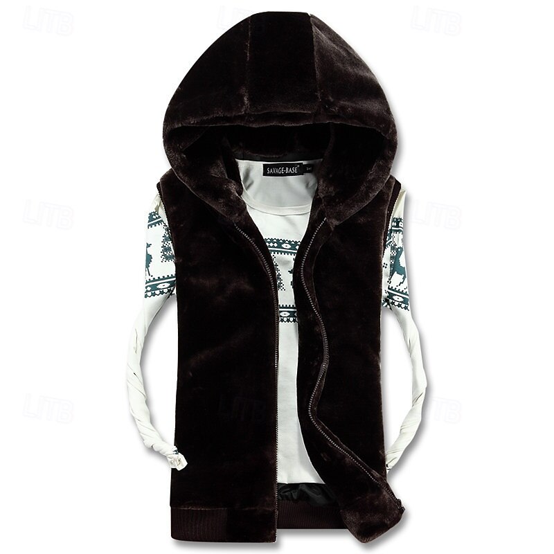 Men's Fleece Vest Hoodie Vest Vest Faux Fur Daily Date Vacation Fashion Casual Fall & Winter Pocket Polyester Warm Comfortable Solid Color Zipper Hooded Regular Fit Black White Light Grey Coffee Vest4