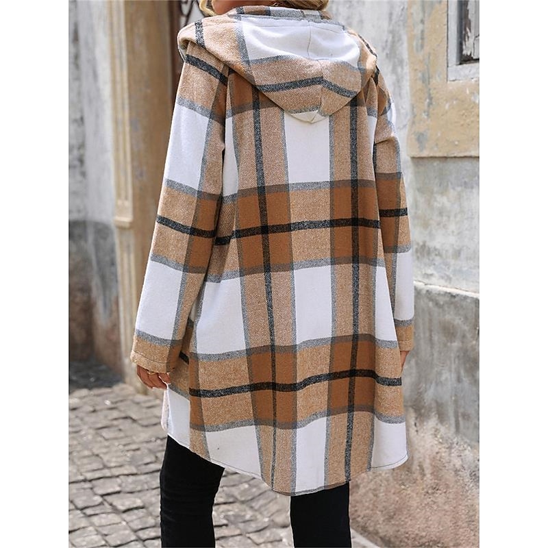 Women's Winter Coat Hoodie Jacket Outdoor Street Daily Wear Fall Winter Long Coat Regular Fit Thermal Warm Breathable Stylish Casual Jacket Long Sleeve Stripes and Plaid with Pockets Full Zip Khaki2