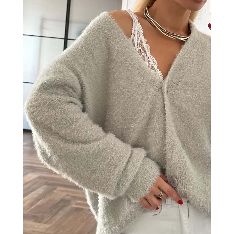 Women's Knit Fuzzy Oversized Cardigan V Neck Cardigan Fall Winter Work Elegant Streetwear Daily Long Sleeve Solid Color Brown Light Grey 8