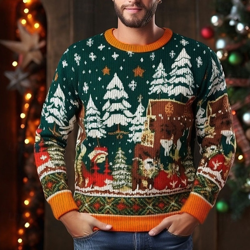 Ugly Christmas Sweater Men's Sweaters Crewnecks Knitting Print New Years Eve Sweater Outdoor Vacation Long Sleeve Blue Dark Green Green Fall Winter S M Ls