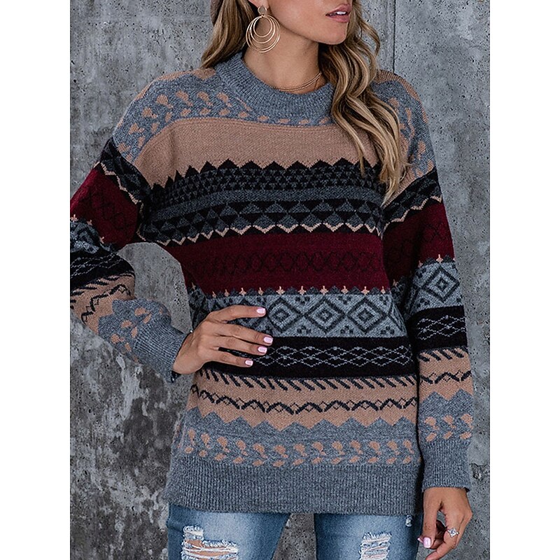 Women's Sweater Pullover Sweater Jumper Vintage Casual Soft Geometric Ribbed Crew Neck Knitted Long Sleeve Regular Tops Knit Outdoor Daily Weekend Pink Red Fall Winter4