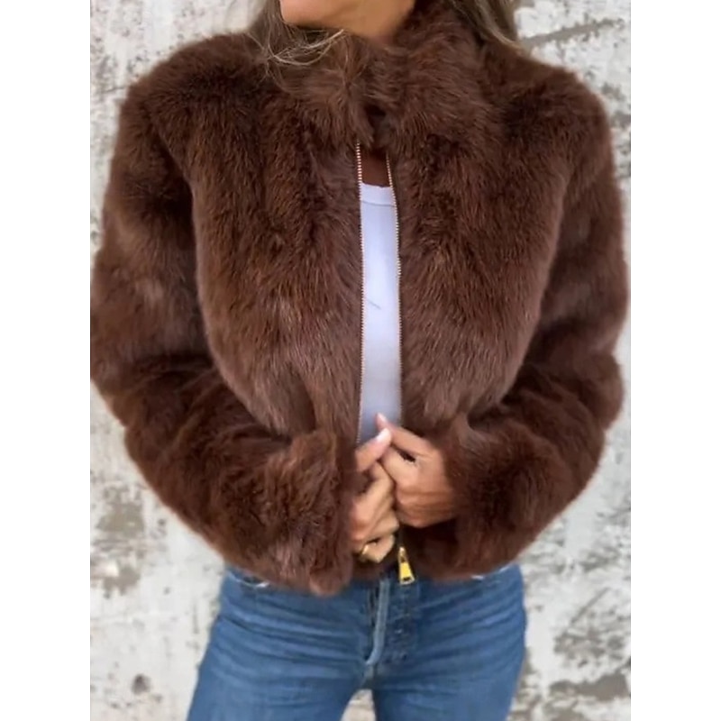 Women's Faux Fur Coat Warm Breathable Zipper Casual Plain Vacation Street Daily Wear Going out Zipper Short Stand Collar Regular Fit Long Sleeve Outerwear Red Brown Green Fall Winter