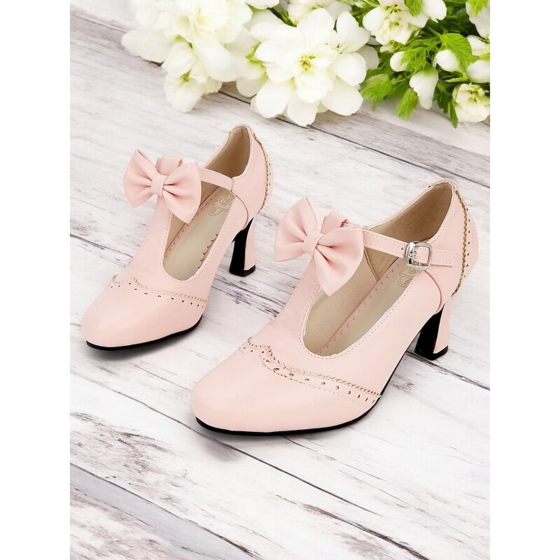 Women's Vintage Pink Bow T-Strap Heels - Classic Mid Heel Dress Shoes with Buckle Strap for Weddings, Parties, and Formal Events3