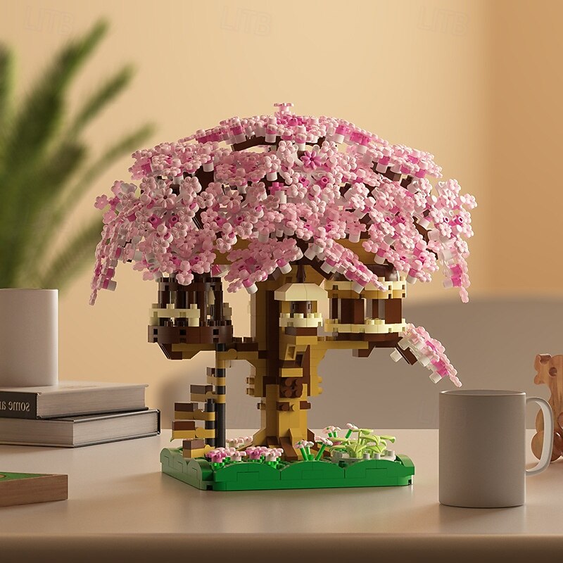 Vibrant Cherry Blossom & Peach Blossom DIY Tree House Building Blocks Kit - Delightful Educational Micro Particle Construction Model Toys for Kids Durable ABS Material Perfect for Ages 6-8 Develops4