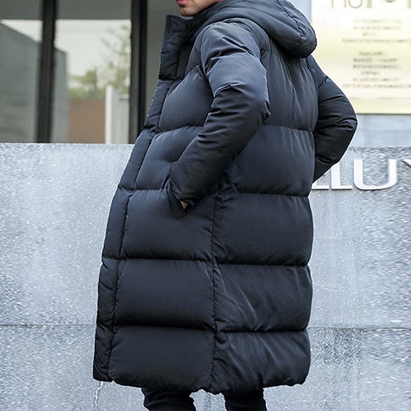 Men's Puffer Jacket Quilted Jacket Padded Jacket Pocket Polyester Fibre Fleece lined Daily Wear Date Vacation Long Fashion Casual Comfortable Thermal Warm Fall & Winter Solid / Plain Color Black