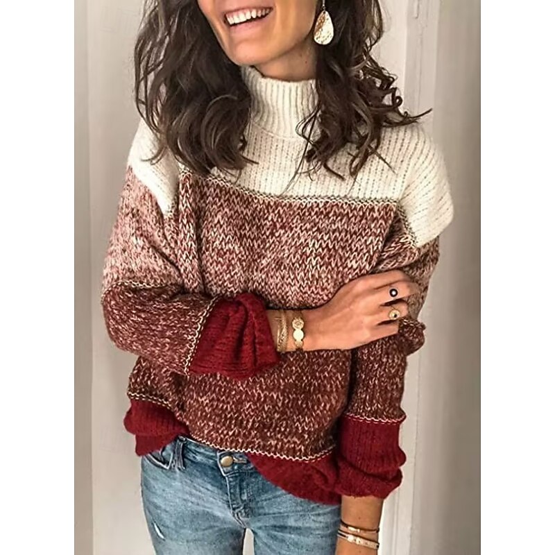 Color Block Sweater Turtleneck Knit Fall Winter Weekend Fashion Streetwear Daily Long Sleeve Color Block Black Red Wine