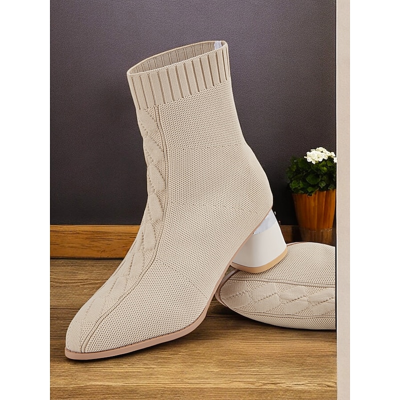 Women's Beige Sock Ankle Boots with Metallic Block Heels – Stretch Knit Fabric and Modern Design for Casual and Stylish Looks4