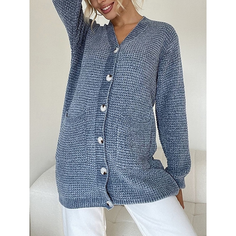 Women's Sweater Cardigan Casual Soft Pure Color Ribbed V Neck Buttons Pocket Knitted Long Sleeve Long Tops Knit Outdoor Daily Weekend Pink Blue Fall Winter