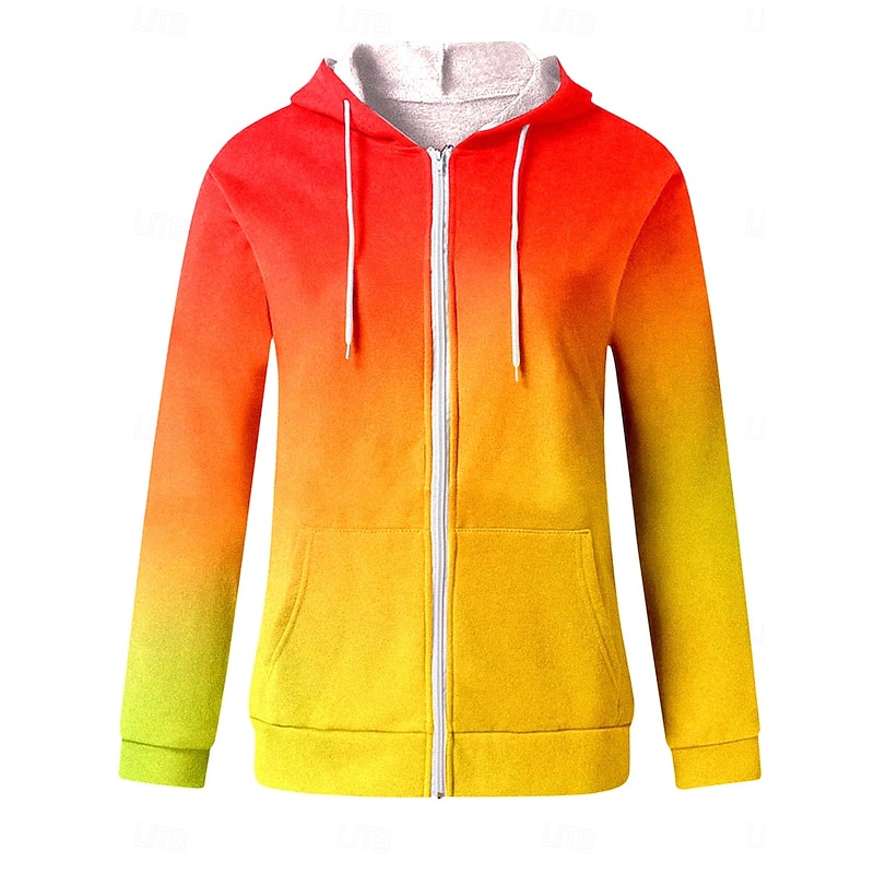 Women's Casual Jacket Hoodie Jacket Outdoor Street Daily Wear Fall Winter Regular Coat Regular Fit Thermal Warm Breathable Stylish Casual Jacket Long Sleeve Color Gradient with Pockets Print Orange3