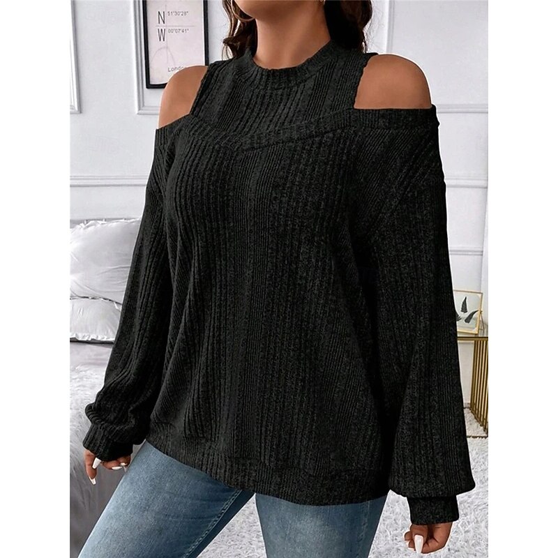 Women's Sweater Pullover Sweater Jumper Casual Soft Striped Ribbed Crew Neck Knitted Cold Shoulder Long Sleeve Regular Tops Knit Outdoor Daily Weekend Black Red Fall Winter4