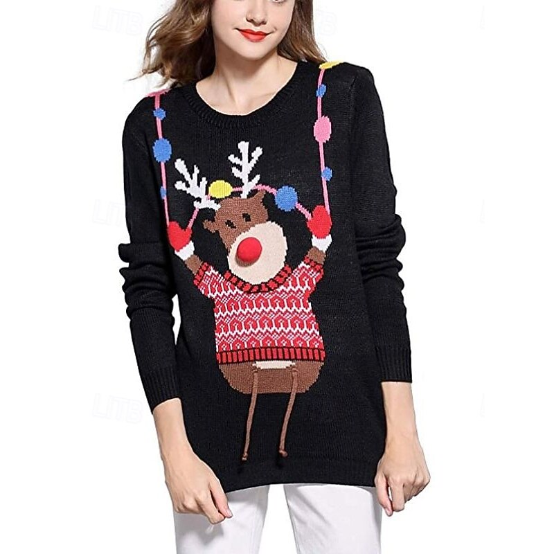 Women's Christmas Sweater Funny Christmas Reindeer Ugly Pullover Snowflake Long Sleeve Sweater Shirt2