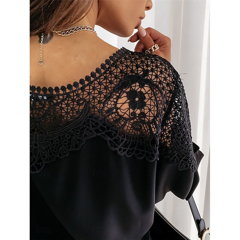 Women's Shirt Blouse Solid Color Basic Casual Long Sleeve Batwing Sleeve Crew Neck Regular Tops Daily Lace Patchwork Black White Fall Winter4