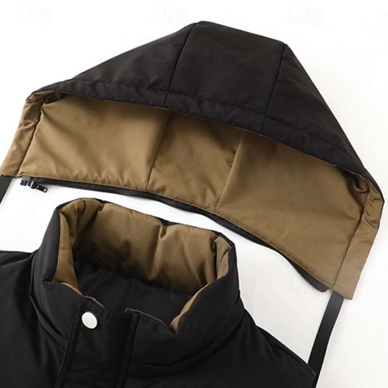 Men's Puffer Vest Hoodie Vest Quilted Vest Daily Wear Vacation Going out Fashion Basic Spring &  Fall Zipper Multi Pocket Polyester Comfortable Plain Hidden Stand Collar Regular Fit Black White Brown4