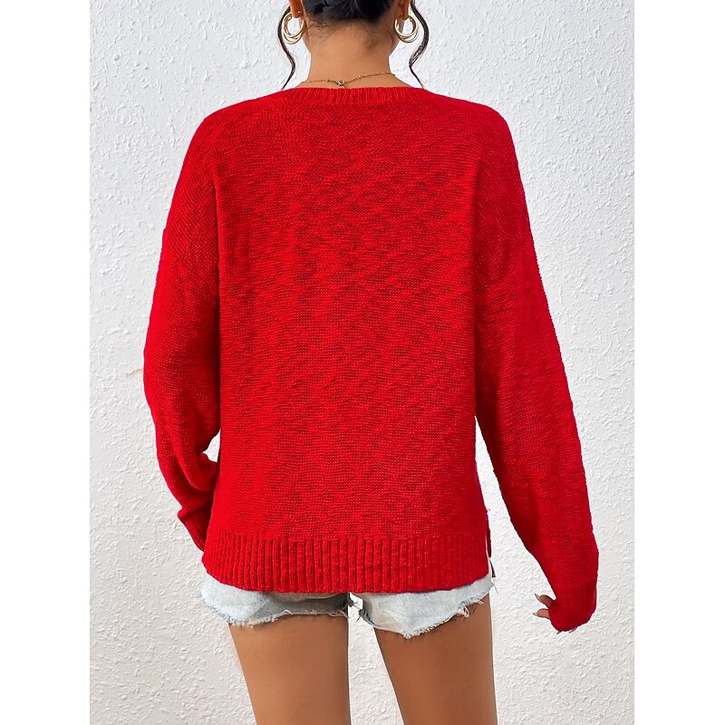 Women's Sweater Pullover Sweater Jumper Crew Neck Ribbed Knit Knitted Fall Winter Outdoor Daily Weekend Casual Soft Long Sleeve Letter White Red3