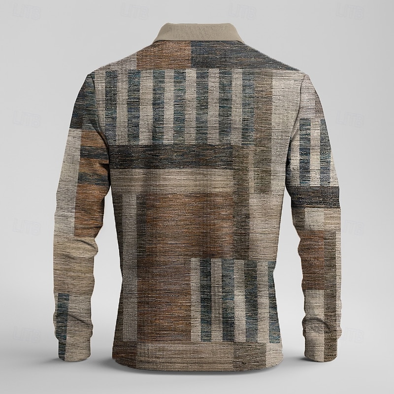 Men's Plaid Waffle Polo Shirts Golf Shirt Long Sleeve Polo Shirts Collared Shirts Casual Vacation Wear Formal Wear Festival Wear Buttons 3D Print Spring Fall Winter Brown2