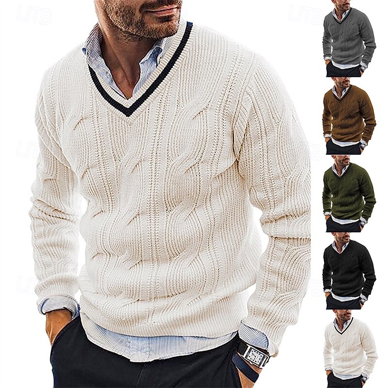 Men's Pullover Sweater Jumper Knit Sweater Ribbed Knit Regular Tops Knitted Plain V Neck Fashion Basic Vacation Daily Wear Clothing Apparel Fall & Winter Black White M L XL