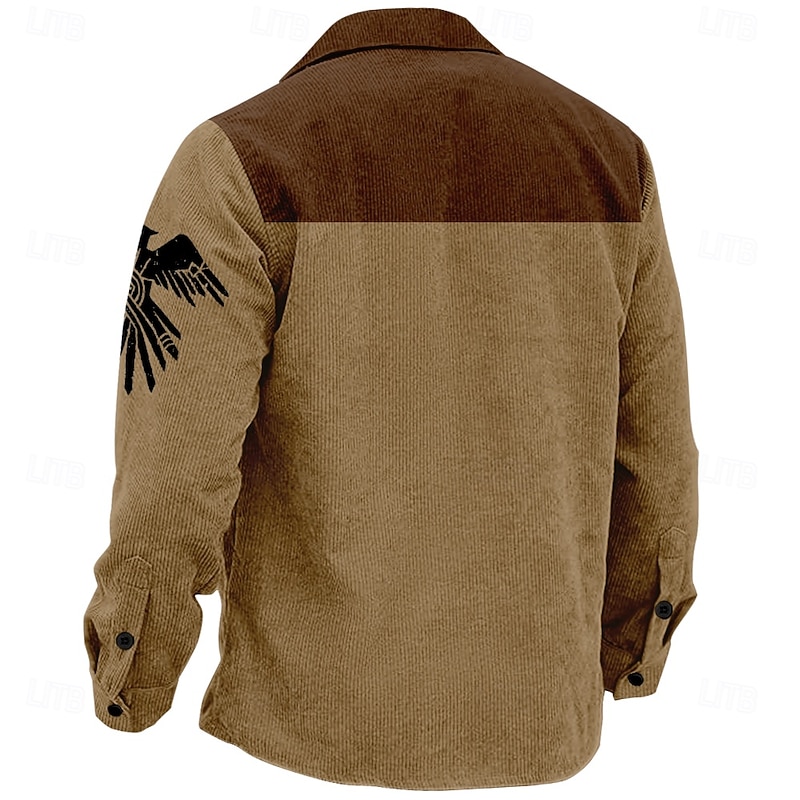 Men's Eagle Cowboy Corduroy Shirt Shirt Jacket Overshirt Long Sleeve Vintage Tribal Sports & Outdoor Dailywear Fall & Winter Turndown Collared Shirts Buttons 3D Print 2 Pockets 1pc Brown2
