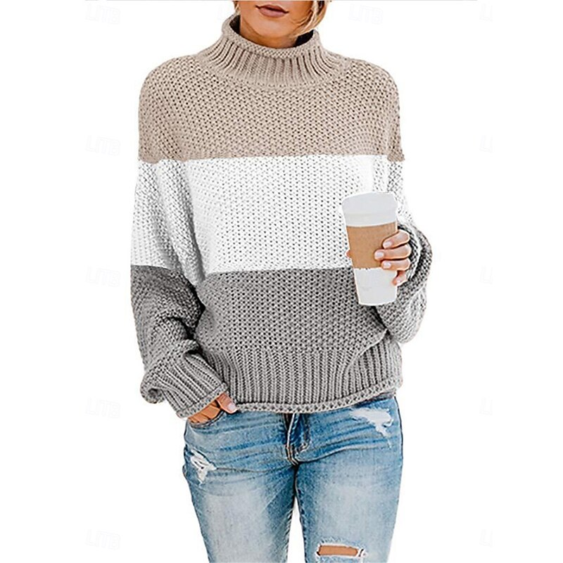 Women's Sweater Pullover Sweater Jumper Casual Soft Striped Ribbed Stand Collar Patchwork Knitted Long Sleeve Regular Tops Knit Outdoor Daily Weekend Black Red Fall Winter3