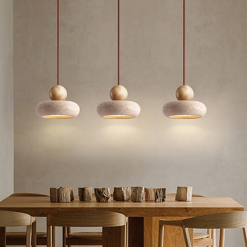 Wabi Sabi Natural Stone Shade Pendant Lamp Round Modern Wood Chandelier Bedroom Bedside Light for Living Dining Room Table Ceiling Hanging Lamp 15cm 110-240V2