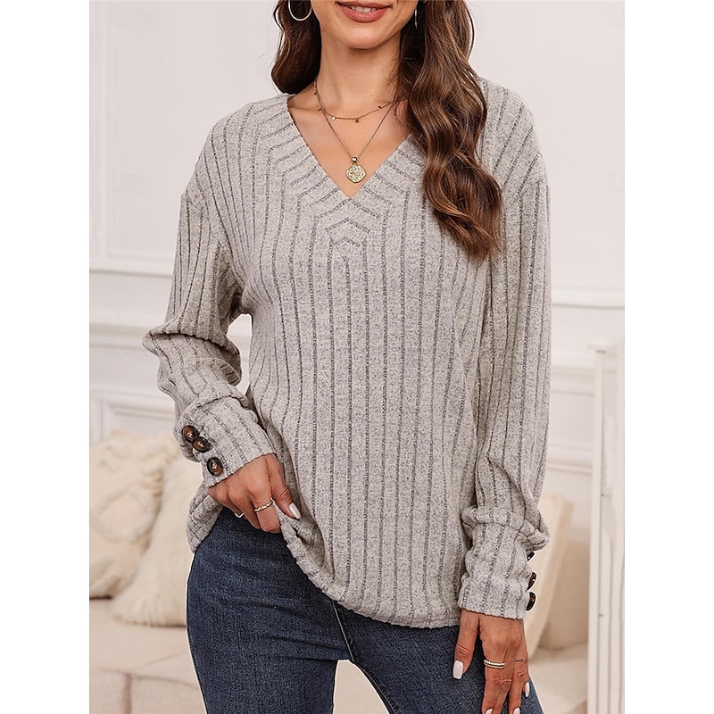 Women's T Shirt Plain Fashion Modern Casual Long Sleeve V Neck Regular Tops Daily Weekend Beige Fall Winter4