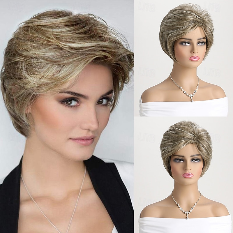 Layered Short Blonde Pixie Wigs for White Women Dark Brown Ombre Blonde Pixie Cut Wig Synthetic Natural Looking Daily Party Wig