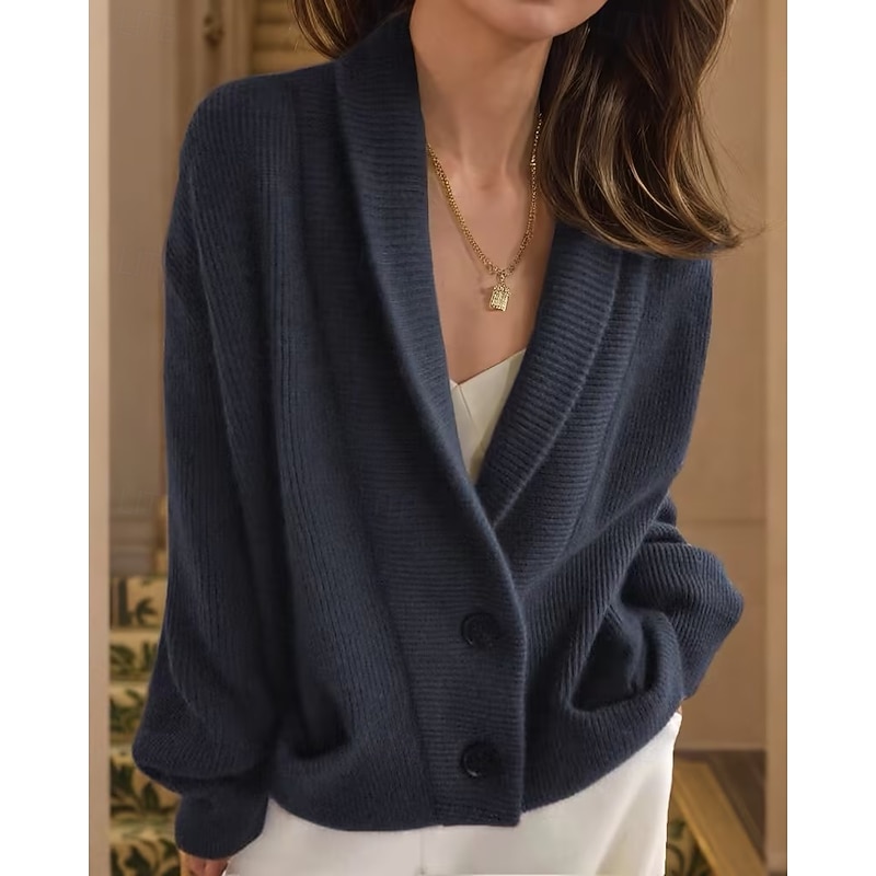 Women's Cardigan Daily Basic Solid Color Open Front Knitted Long Sleeve Regular Tops Knit Work Navy Blue Brown Fall Winter3