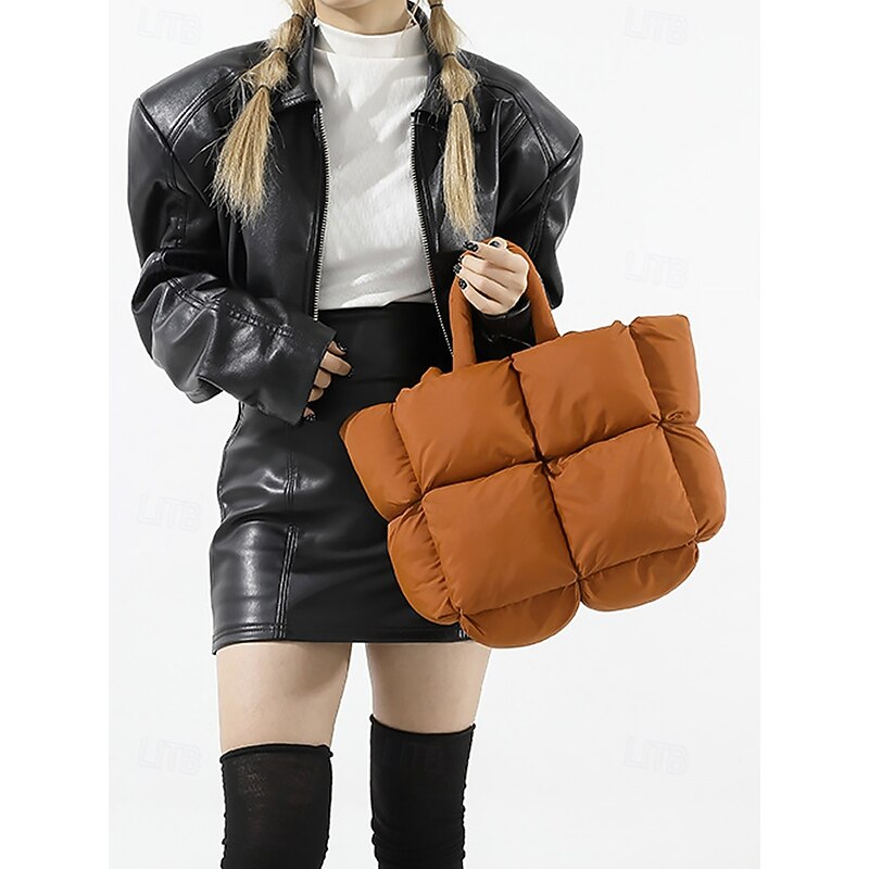 Women's Oversized Puffer Tote Bag - Beige Quilted Shoulder Bag, Lightweight and Spacious, Perfect for Travel and Everyday Use3
