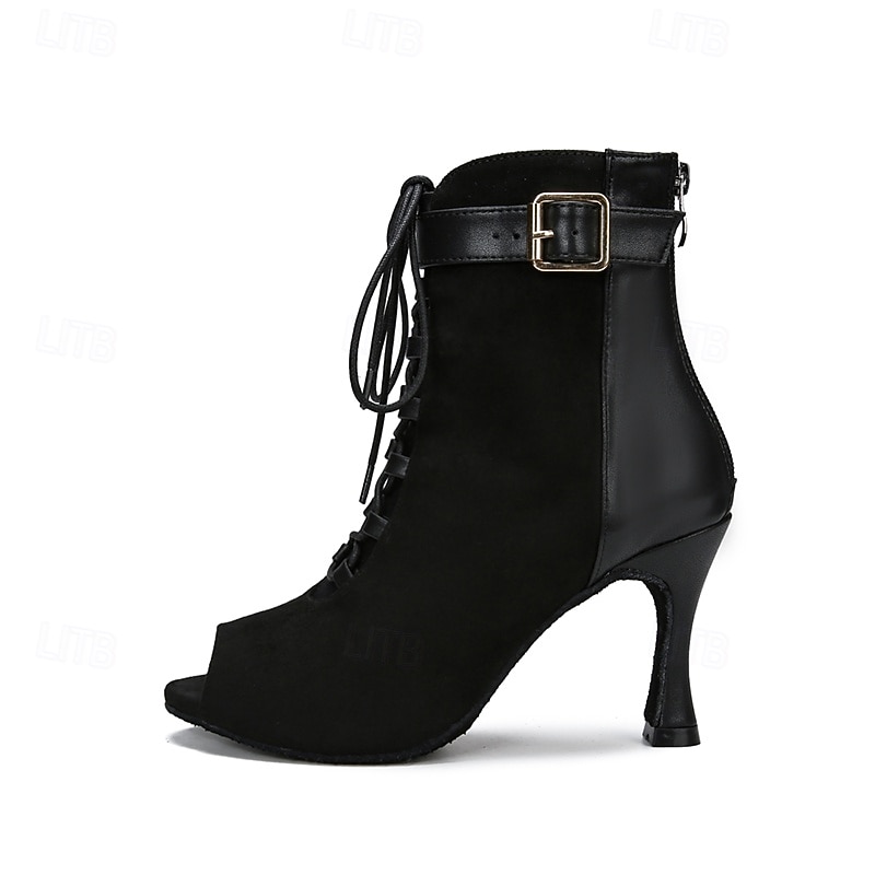 Women's Dance Boots Professional Ballroom Dance Fashion Boots Fur Lined Lace Up Party / Evening Stylish Lace-up Splicing Vintage Cuban Heel Peep Toe Zipper Lace-up Adults' Black2