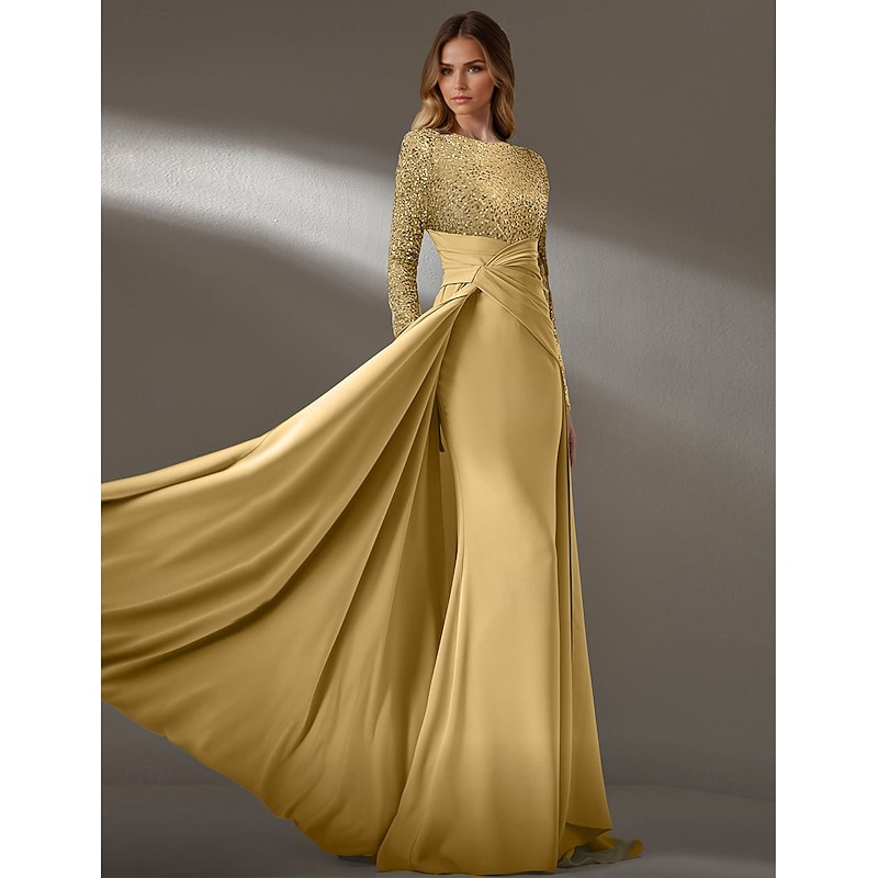 Sheath Evening Gown Elegant Dress Formal Floor Length Long Sleeve Jewel Neck Pocket Silk with Sequin