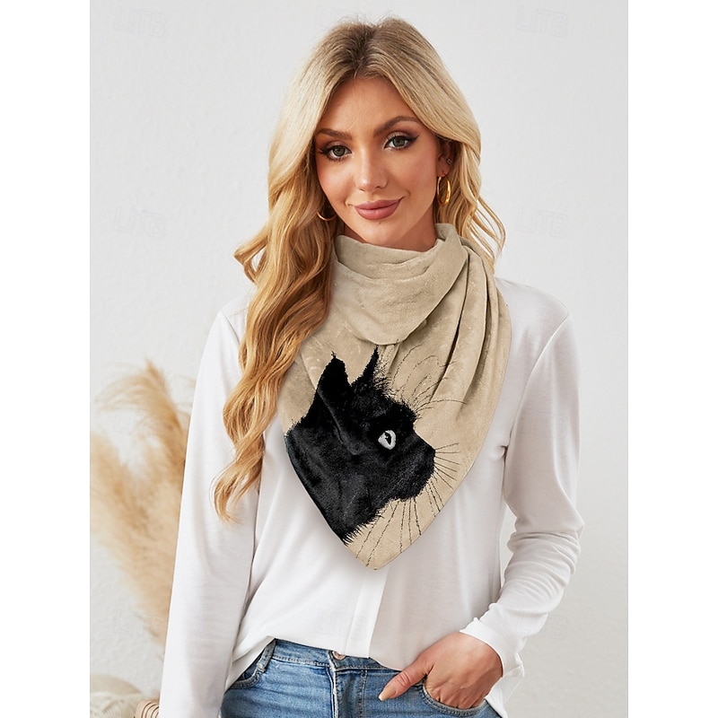 Women's Vintage-Style Beige Scarf with Black Cat Print – Cozy and Unique Accessory for Cat Lovers, Perfect for Fall and Winter Outfits