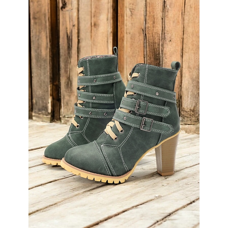 Women's Green Buckle Strap Lace-Up Ankle Boots – Chunky Heels and Rugged Sole for Casual and Fall/Winter Fashion4