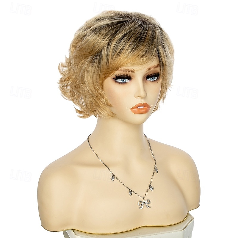Short Blonde Pixie Cut Wigs with Bangs for White Women,Brown Ombre Blonde Wig Synthetic Wavy Curly Hair Wigs  Layered Natural Fluffy Heat Resistant4