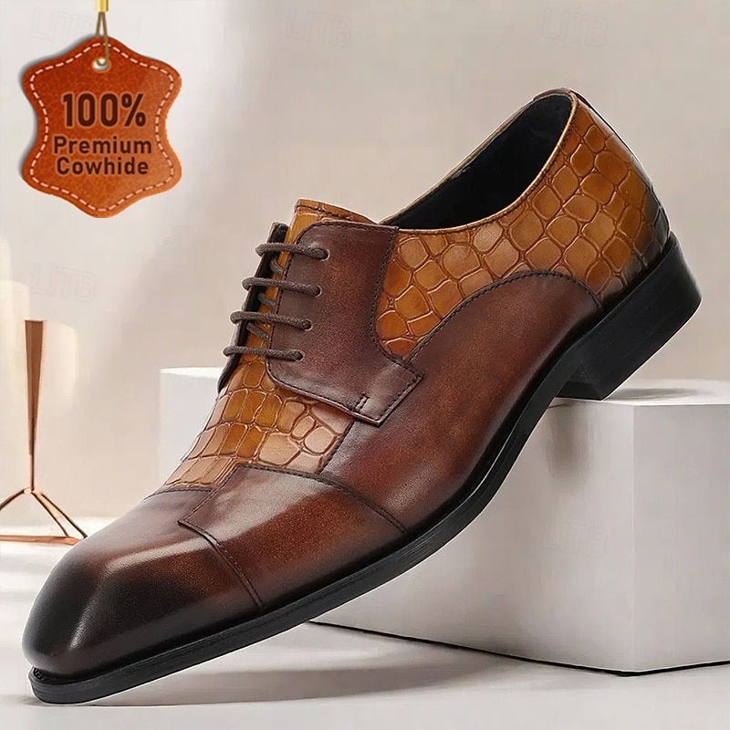 Men's Leather Dress Shoes with Embossed Crocodile Pattern – Premium Cowhide Lace-Up Oxfords