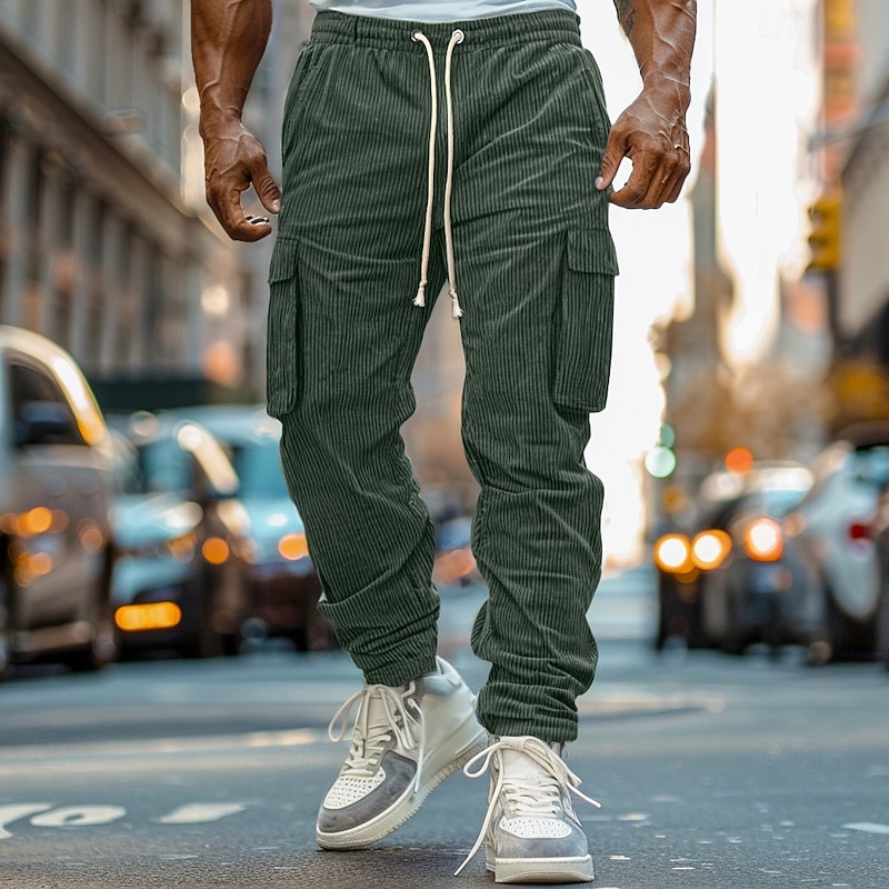 Men's Cargo Pants Joggers Corduroy Pants Trousers Casual Pants Pocket Elastic Waist Multi Pocket Plain Comfort Soft Full Length Outdoor Daily Going out Fashion Streetwear Black Blue Micro-elastic4