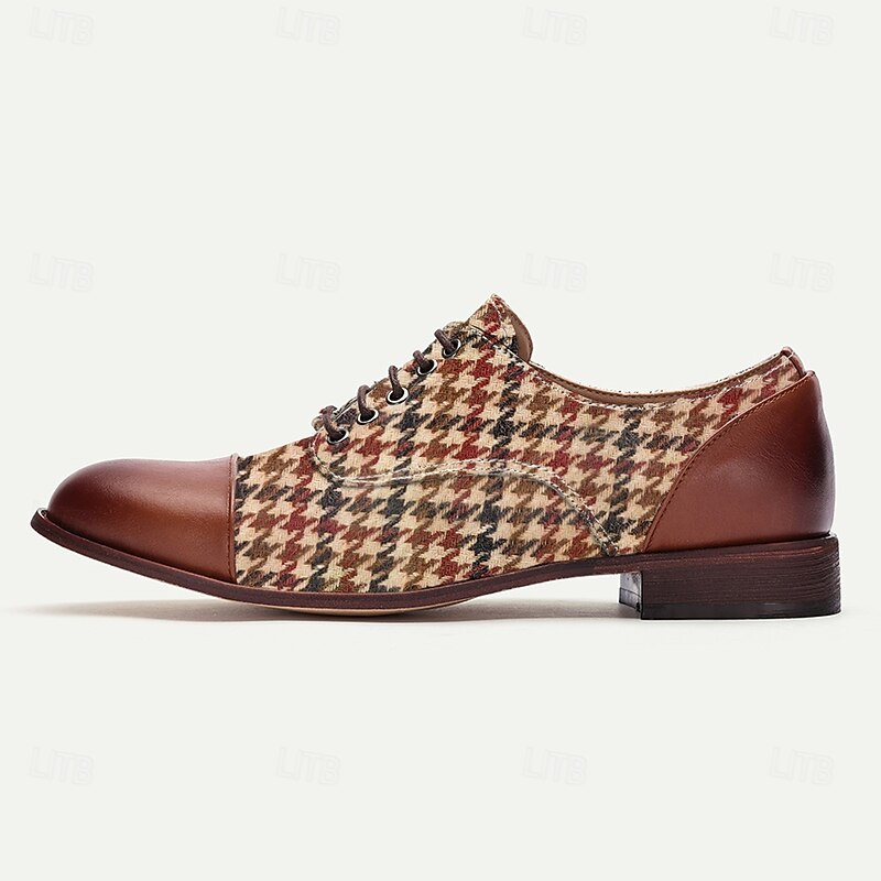 Men's Houndstooth Oxford Shoes - Vintage Brown and Red Checkered Pattern, Faux Leather Accents, Perfect for Formal and Casual Occasions4