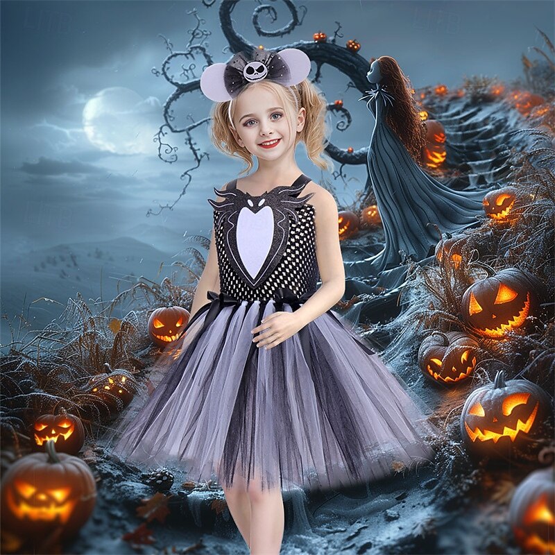 Kids Girls' Cosplay Dress Party Dress Color Block Sleeveless Performance Halloween Party Mesh Patchwork Beautiful Sweet Polyester Knee-length Party Dress A Line Dress Tulle Dress Summer 4 years+ Gray3