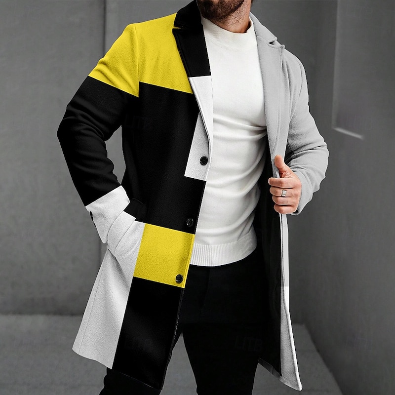 Men's Geometric Winter Coat Fleece Jacket Overcoat Thermal Comfortable Casual Party Evening Wear Street Daily Wear 3D Print Buttons Front Pocket Winter Turndown Long Sleeve Yellow Red Blue4