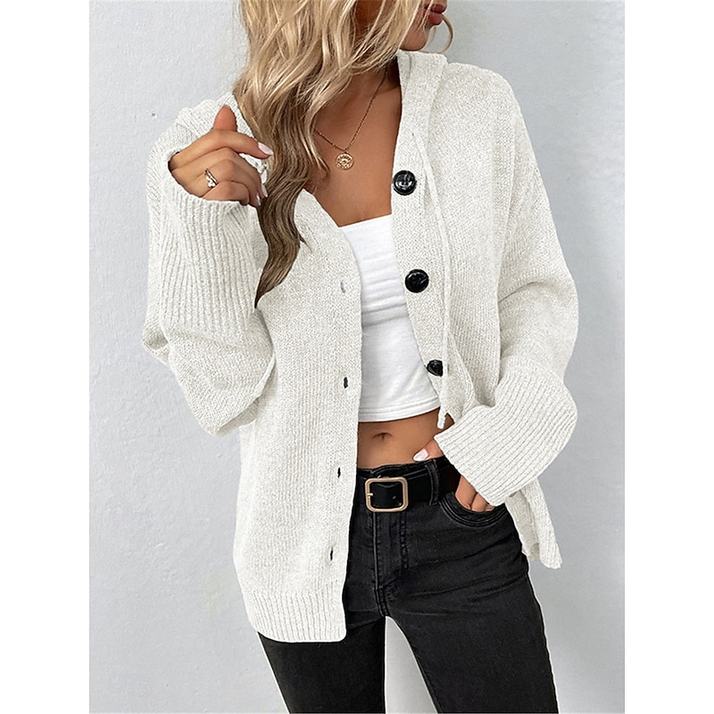 Women's Sweater Cardigan Casual Soft Pure Color Ribbed Hooded Buttons Knitted Long Sleeve Regular Tops Knit Outdoor Daily Weekend Black White Fall Winter2