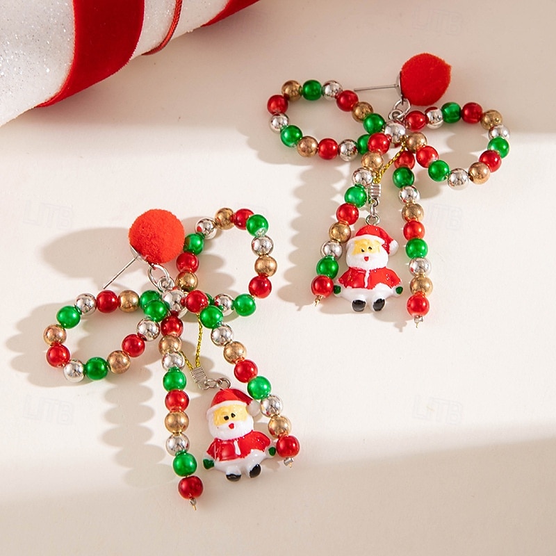 Festive Christmas Bow Earrings with Santa Charm – Colorful Beaded Holiday Dangle Earrings for Women4