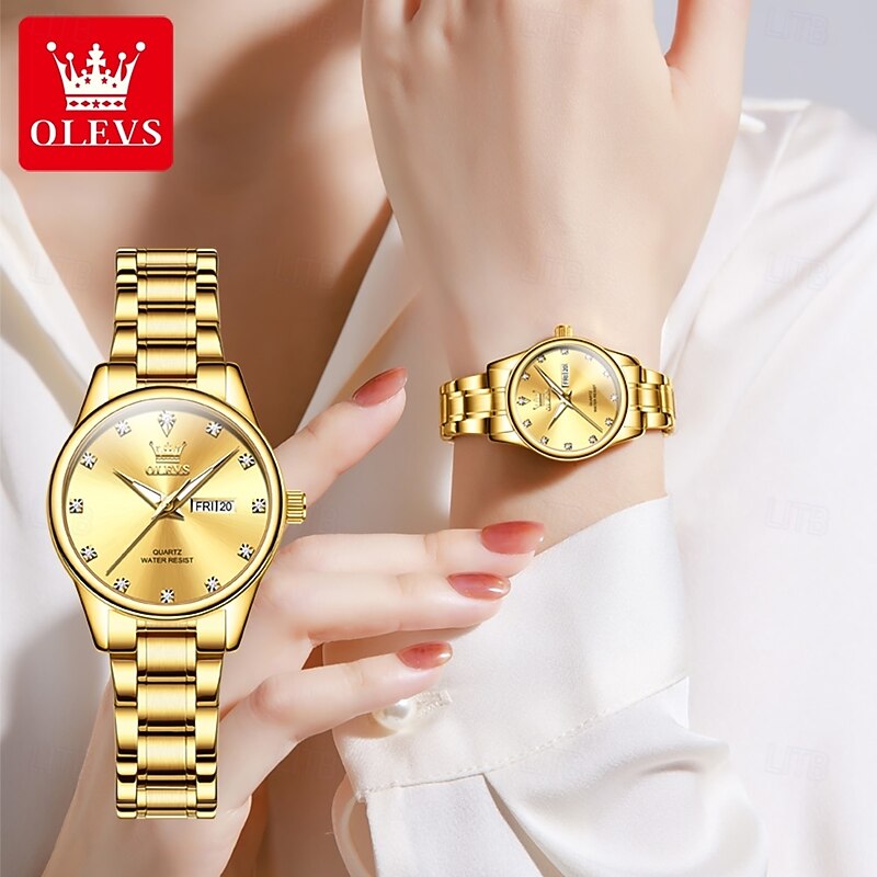 OLEVS 3612 Original Elegant Quartz Ladies Watch Week Calendar Display Dress Watch For Women Waterproof Stainless Steel Clock