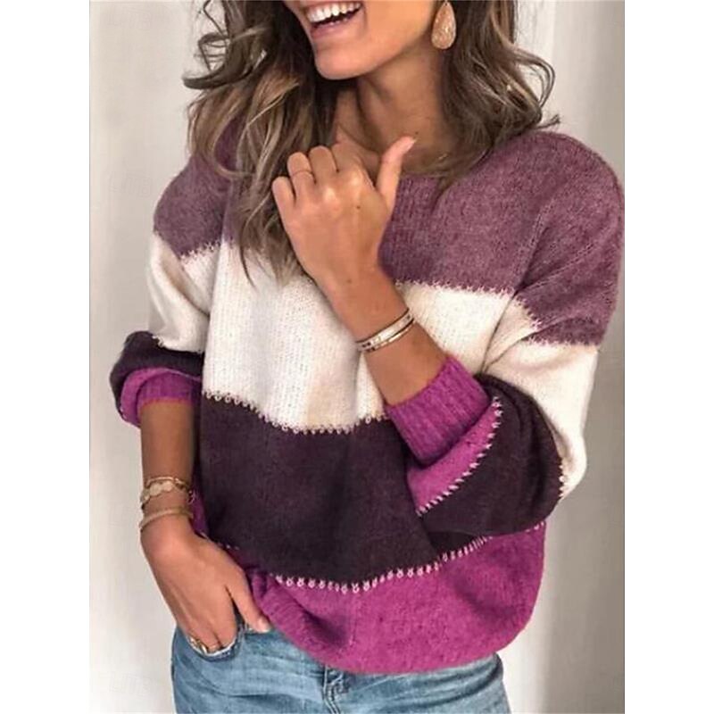Women's Sweater Casual Soft Striped Ribbed Crew Neck Patchwork Knitted Long Sleeve Regular Tops Knit Outdoor Daily Weekend Blue Purple Fall Winter2