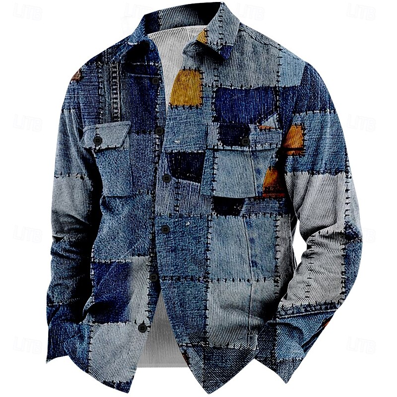 Men's Plaid Geometric Pattern Corduroy Shirt Shirt Jacket Overshirt Long Sleeve Vintage Casual Formal Dailywear Fall & Winter Turndown Collared Shirts Buttons 3D Print 2 Pockets 1pc Light Blue Navy4