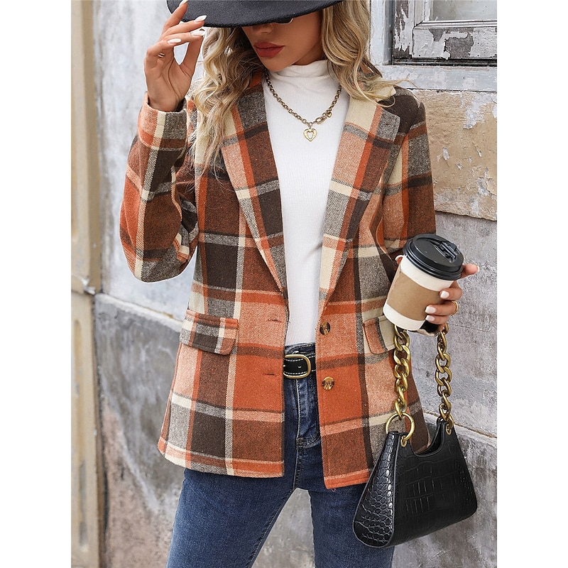 Women's Casual Jacket Outdoor Street Daily Wear Fall Winter Regular Coat Regular Fit Thermal Warm Breathable Stylish Casual Jacket Long Sleeve Stripes and Plaid with Pockets Print Orange