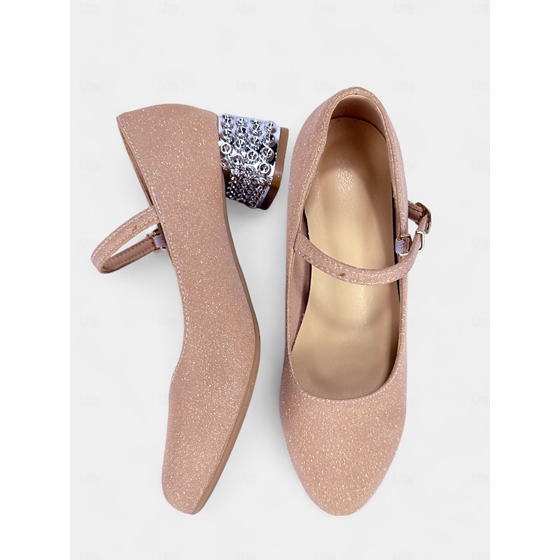 Women's and Girls' Glitter Mary Jane Dance Shoes with Rhinestone Block Heel - Low Heel Party Dress Shoes for Performances and Special Occasions3