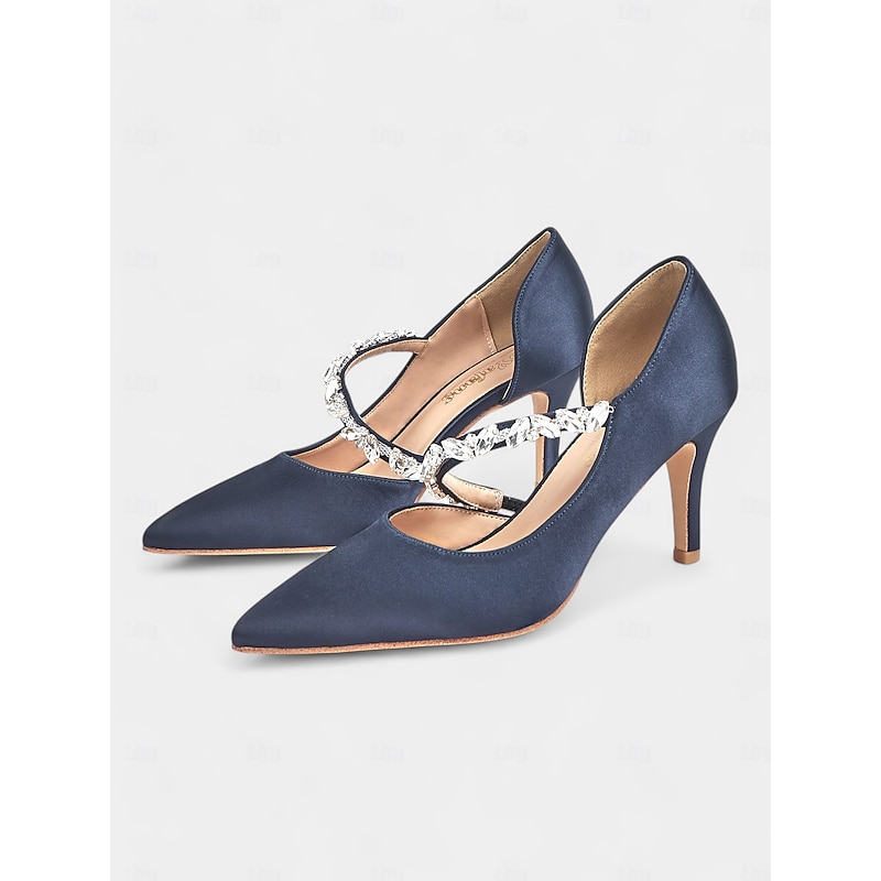 Women's Rhinestone Embellished Satin Heels - Elegant Pointed-Toe Pumps for Formal Events and Weddings2