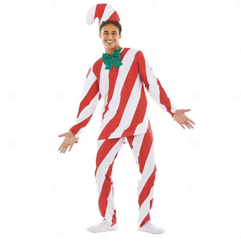 Candy Cane Costume Men's Boys' Cosplay Costume Adults Kid's Christmas Christmas Eve Christmas Top Pants Collar Hat3