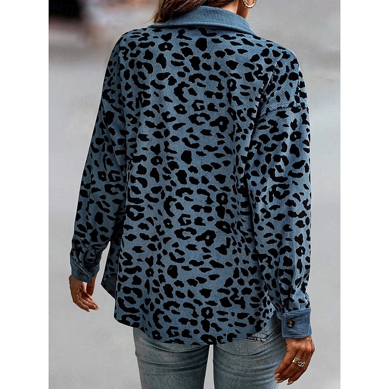 Women's Casual Jacket Outdoor Street Daily Wear Fall Winter Regular Coat Regular Fit Thermal Warm Breathable Stylish Casual Jacket Long Sleeve Leopard with Pockets Print Pink Blue Green4