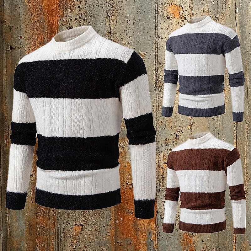 Men's Sweater Cable Chunky Knit Stripe Cable Stripe Crew Neck Christmas Elegant Formal Home Clothing Apparel Bishop Sleeve Fall Winter Black Brown M L XL