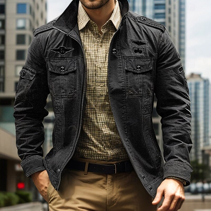 Men's Bomber Jacket Varsity Jacket Tactical Jacket Casual Wearable Multi Pocket Spring Fall Winter Military Military Style Stand Collar Regular Cotton Black Khaki Army Green Jacket